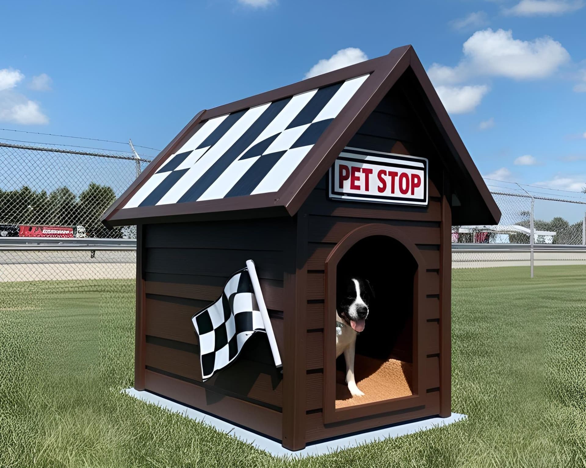 Pet Stop house with checkered roof and flag