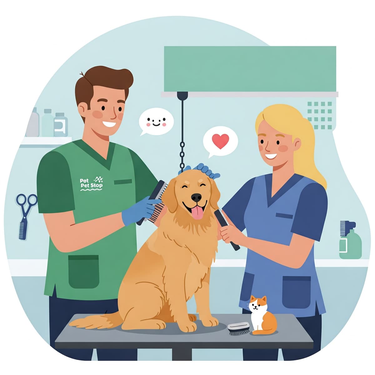 Two pet groomers working together with a happy golden retriever and cats
